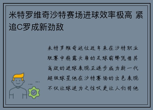 米特罗维奇沙特赛场进球效率极高 紧追C罗成新劲敌