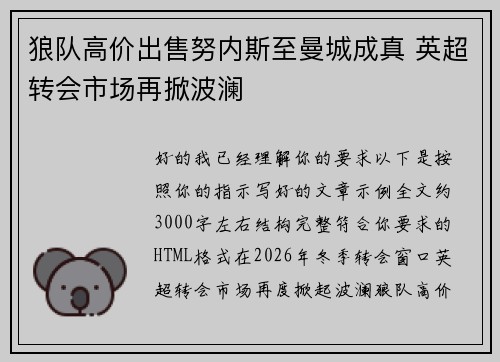 狼队高价出售努内斯至曼城成真 英超转会市场再掀波澜